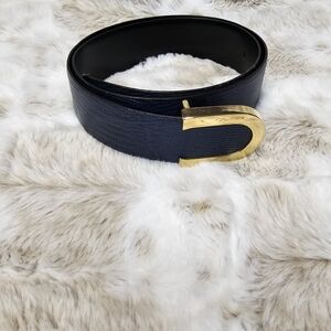 CIPRANI Blue/Black Lizard Leather Belt w/ Gold Brass Buckle Vintage Size Medium